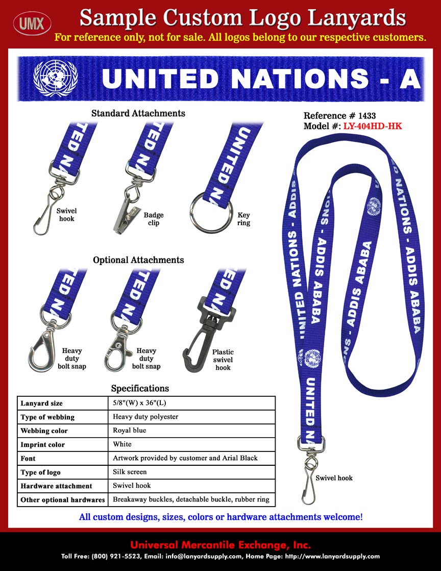 5/8" Custom Lanyards: ADDIS ABABA Meeting Lanyards - Royal Blue Lanyard Straps with White Color Custom Logo Imprinted.