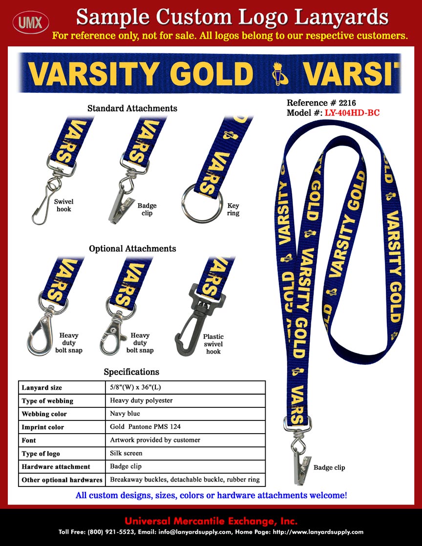 5/8" Custom Lanyards: VARSITY GOLD Fundraising Organization Lanyards - Navy Blue Lanyard Straps with Pantone PMS#:124 Gold Color Custom Logo Imprinted.