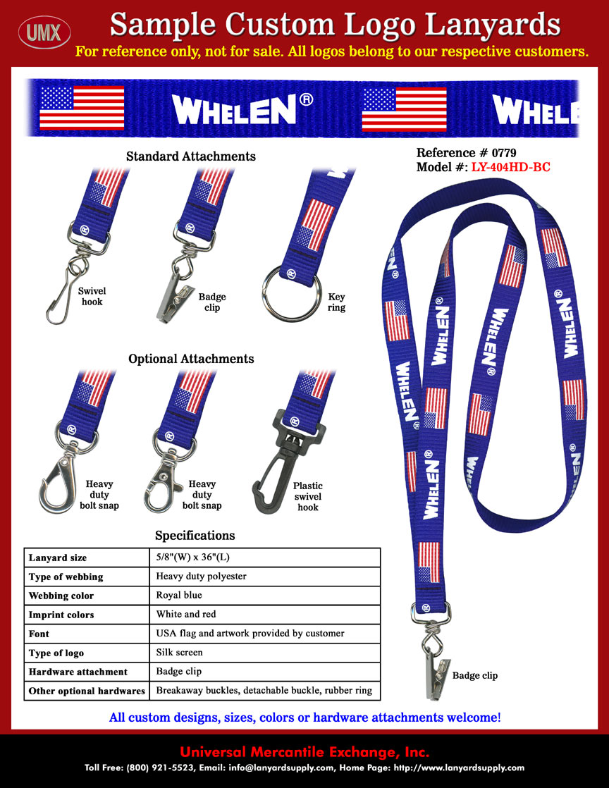 5/8" Custom Lanyards: WHELEN Engineering Company Lanyards - Royal Blue Lanyard Straps with USA Flag Red and White Color Logo Imprinted.