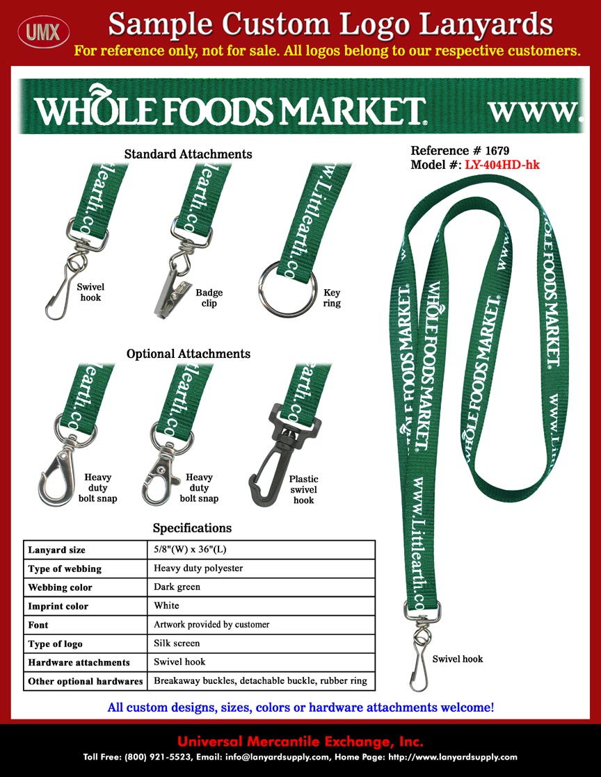 5/8" Custom Whole Foods Market - World's Leading Natural and Organic Foods Supermarket and Littlearth - Recycled Accessories Designer Lanyards.