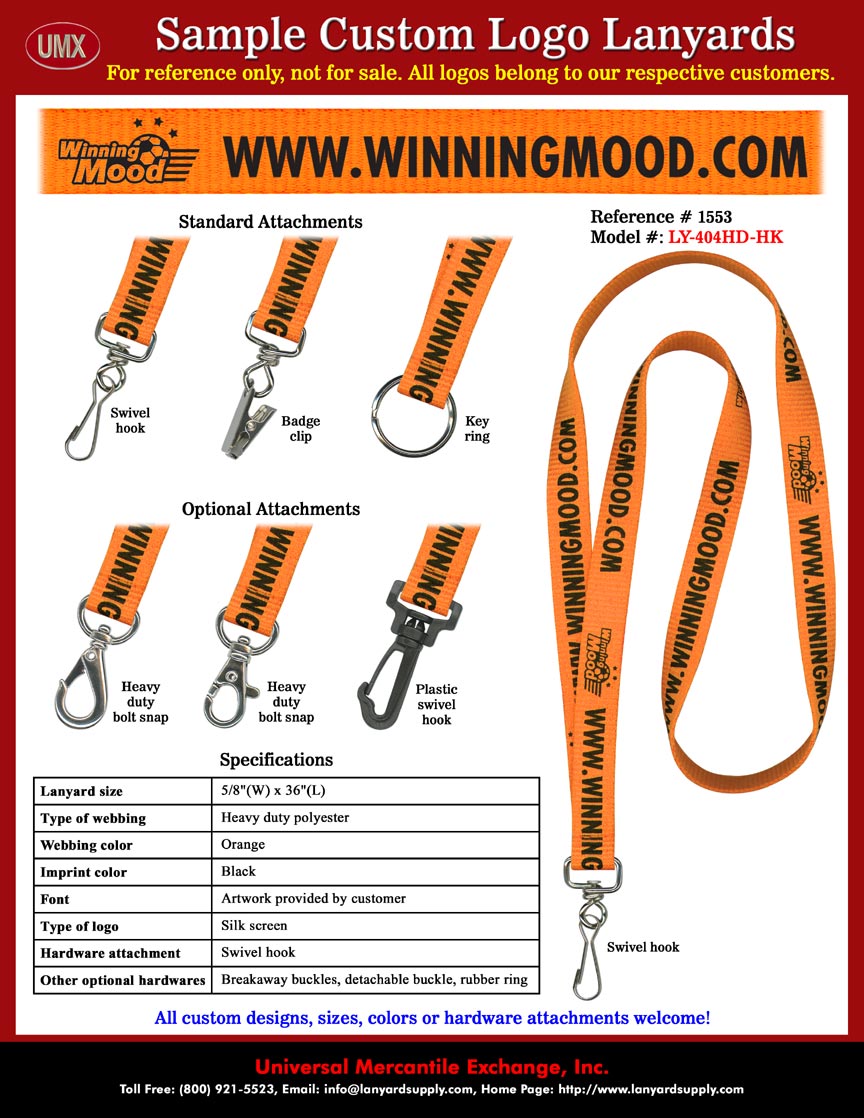 5/8" Custom Lanyards: WINNINMOOD Soccer Programs Web Address Lanyards - Orange Lanyard Straps with Black Color Logo Imprinted.