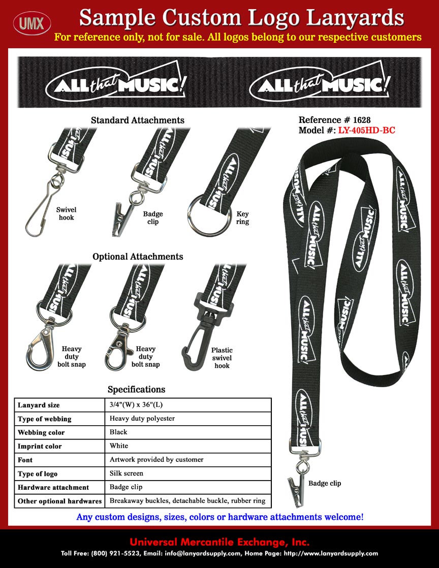 3/4" Custom Printed: All That Music! DVD, CD, Memorabilia, Buttons and Posters Discount Stores Lanyards - with Black Color Lanyard Straps and White Color Logo Imprinted.