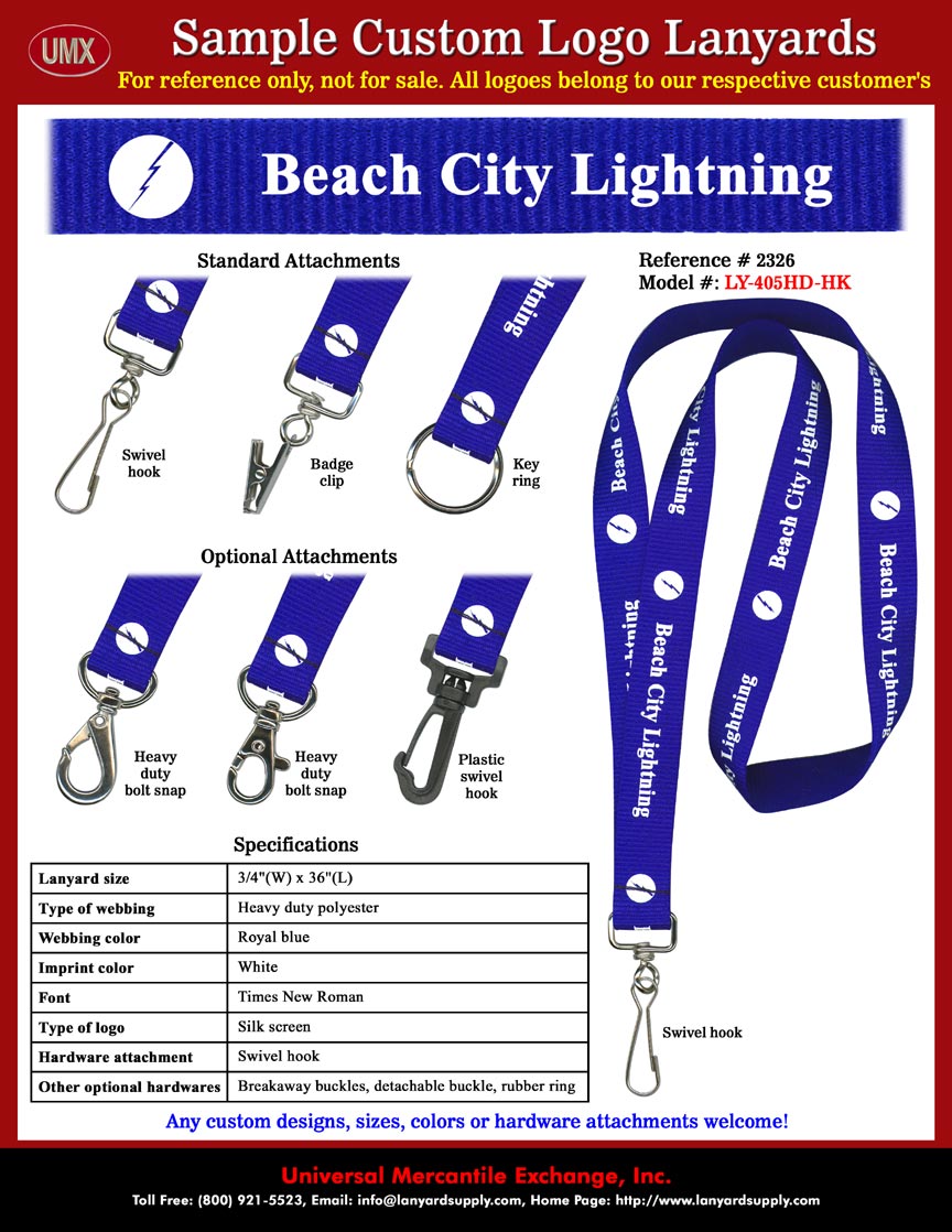 3/4" Custom Printed Lanyards: Beach City Lightning, Hockey Club, Hockey League, Hockey Tournament Lanyards - with Royal Blue Color Lanyard Straps and White Color Logo Imprinted.