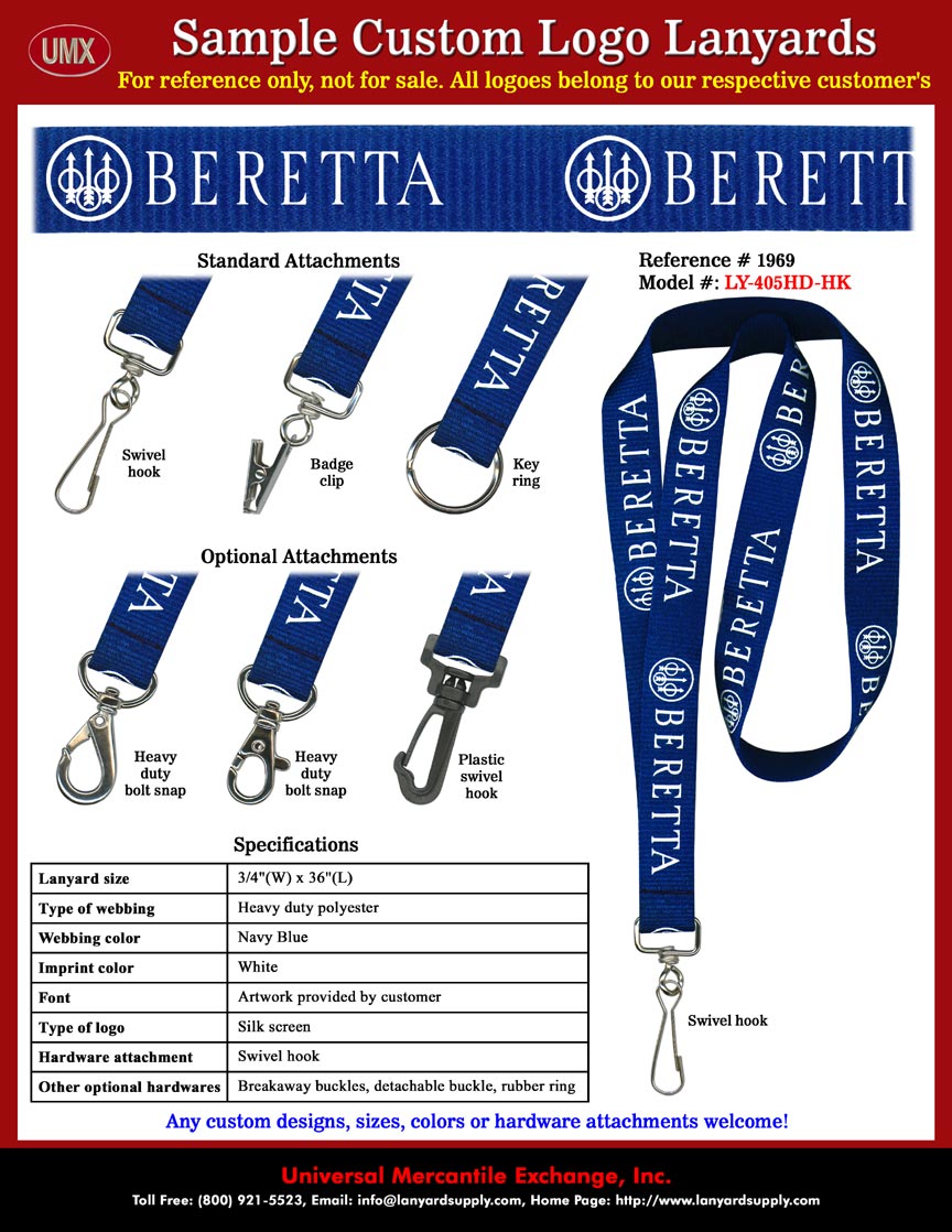 3/4" Custom Printed Lanyards: BERETTA Trademark Lanyards - with Navy Blue Color Lanyard Straps and White Color Logo Imprinted.