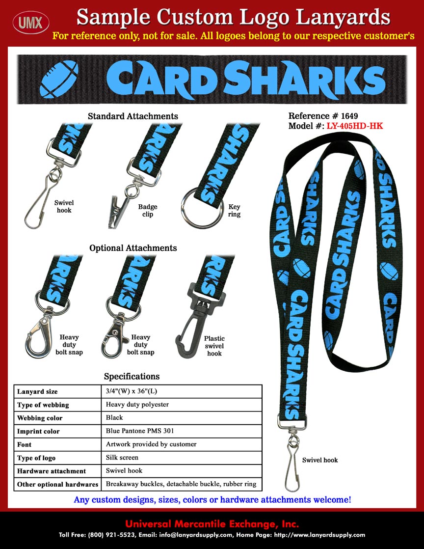 3/4" Custom Printed Lanyards: CARD SHARKS, Indoor Professional Football Club, Football League, Football Tournament Lanyards - with Black Color Lanyard Straps and Pantone PMS 301 Blue Color Logo Imprinted.
