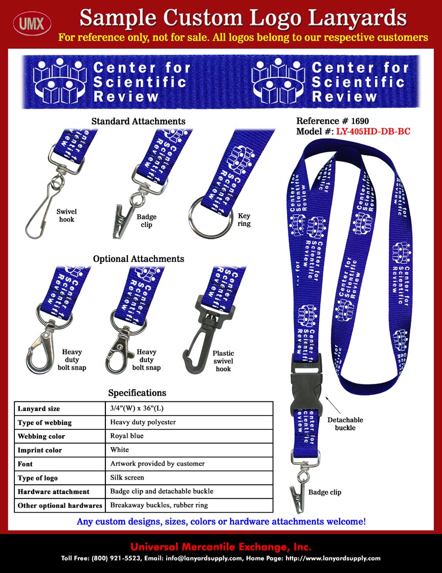 3/4" Custom Printed: NIH - The National Institutes of Health - Center for Scientific Review Lanyards - with Royal Blue Color Lanyard Straps and White Color Logo Imprinted.
