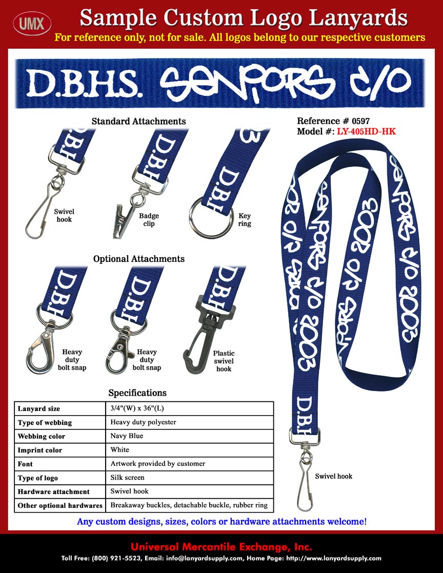 3/4" Custom Printed: Diamond Bar High School - D.B.H.S. Seniors Class of 2003 Name Badge Holder Lanyards.