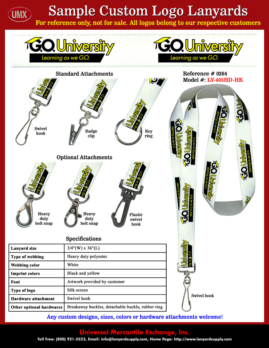 3/4" Custom Printed: G.O. University Learning as we G.O. Educational Inspiration Program Lanyards - with White Color Lanyard Straps with Black and Yellow Color Logo Imprinted.