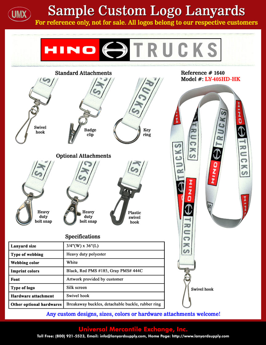 3/4" Custom Printed: HINO TRUCKS Lanyards - with White Color Lanyard Straps with Black, Pantone PMS #185 Red and Pantone PMS #444C Gray Color Logo Imprinted.