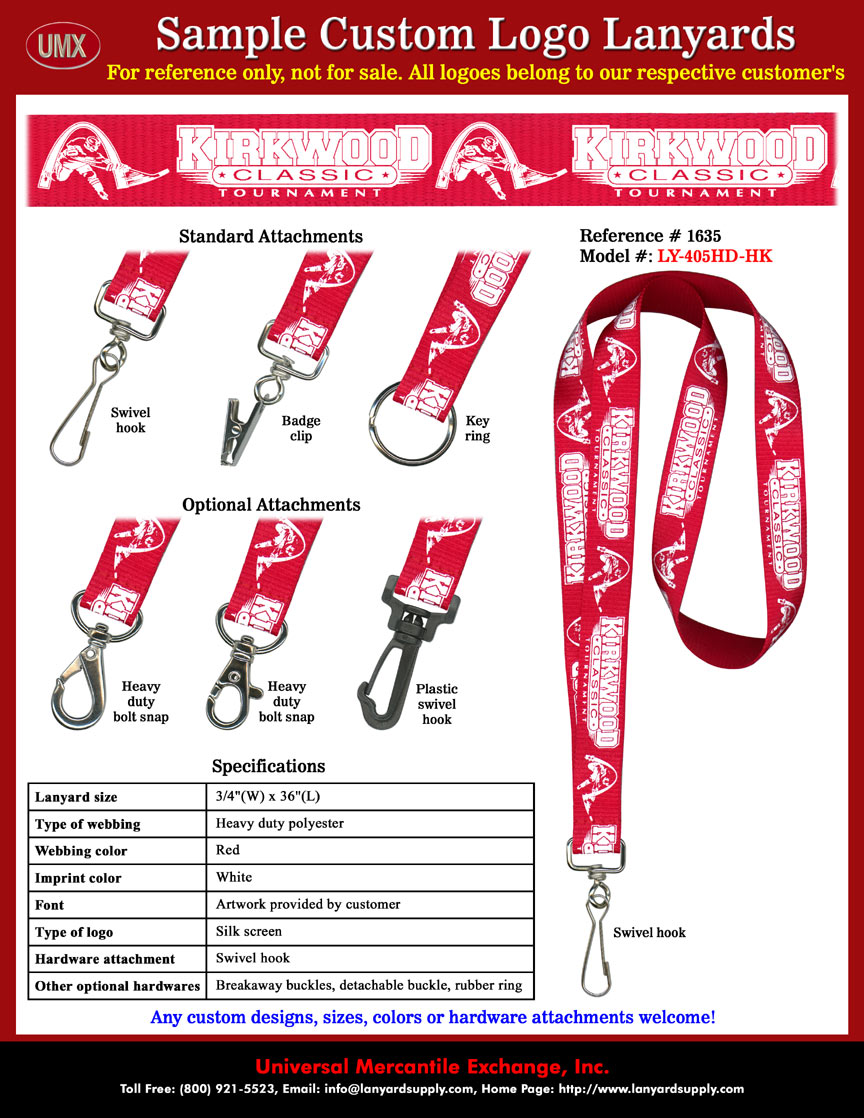 3/4" Custom Printed Lanyards: KIRKWOOD CLASSIC Tournament Event Lanyards - Kirkwood Youth Hockey Association - with Red Color Lanyard Straps and White Color Logo Imprinted.