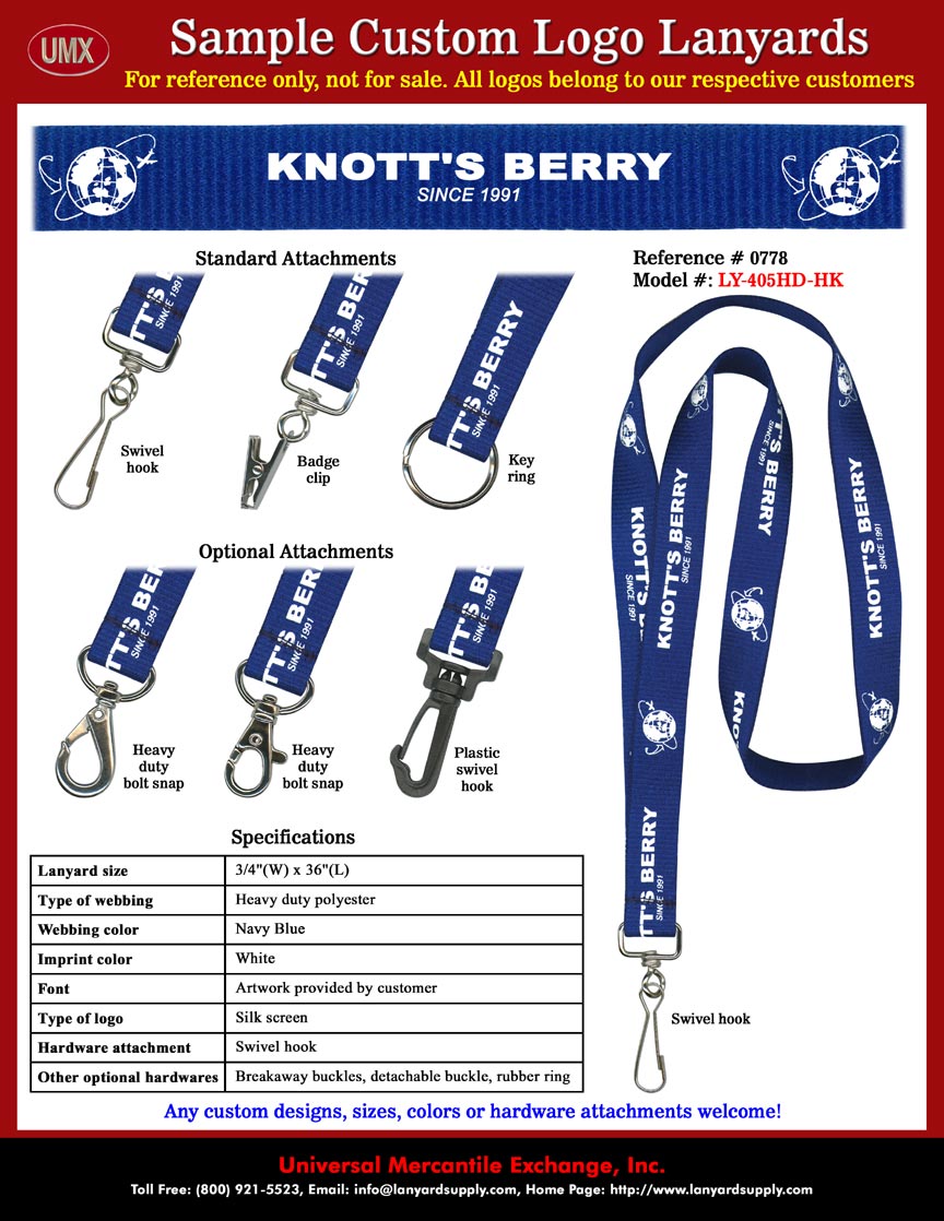 3/4" Custom Printed Lanyards: BERETTA Trademark Lanyards - with Navy Blue Color Lanyard Straps and White Color Logo Imprinted.