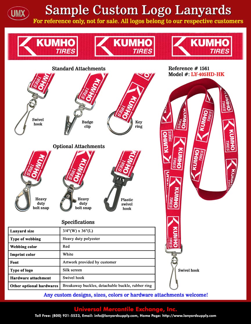 3/4" Custom Printed Lanyards: Kumho Tires - Race Proven Performance - with Red Color Lanyard Straps and White Color Logo Imprinted.
