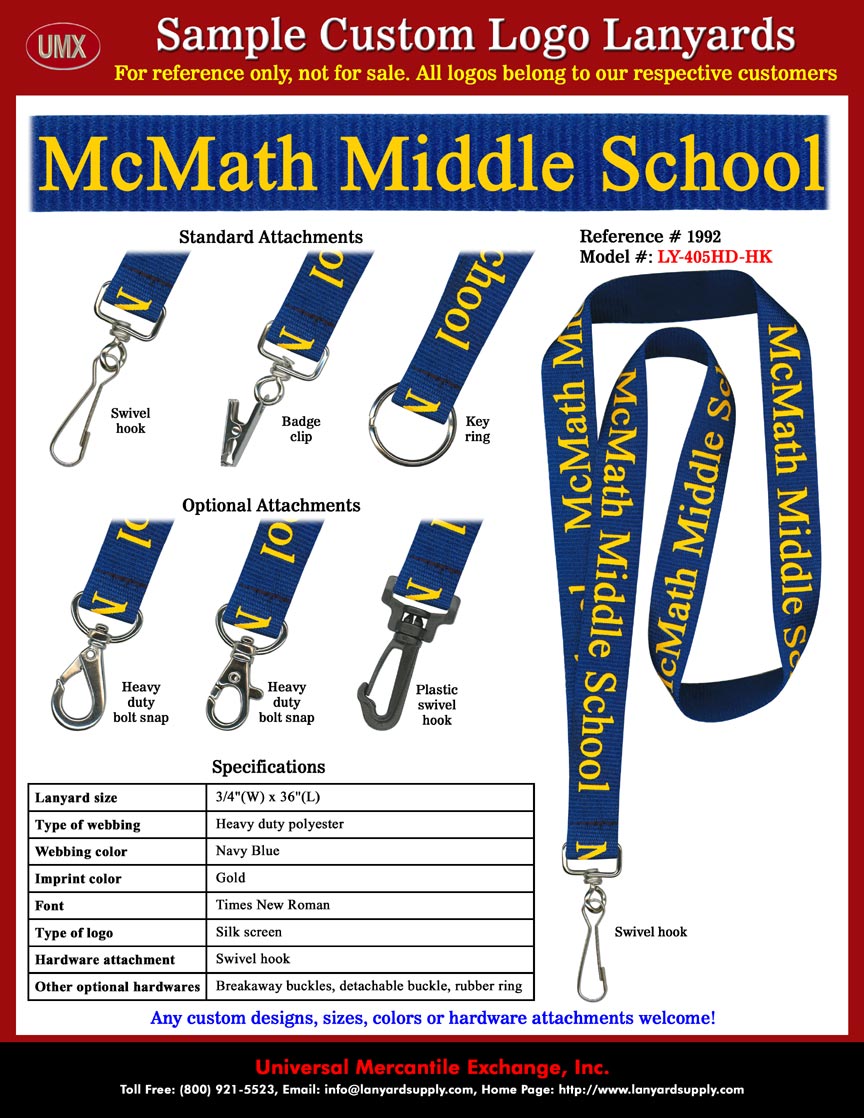 3/4" Printed Custom Lanyards: McMath Middle School - with Navy Blue Color Lanyard Straps and Gold Color Logo Imprinted.