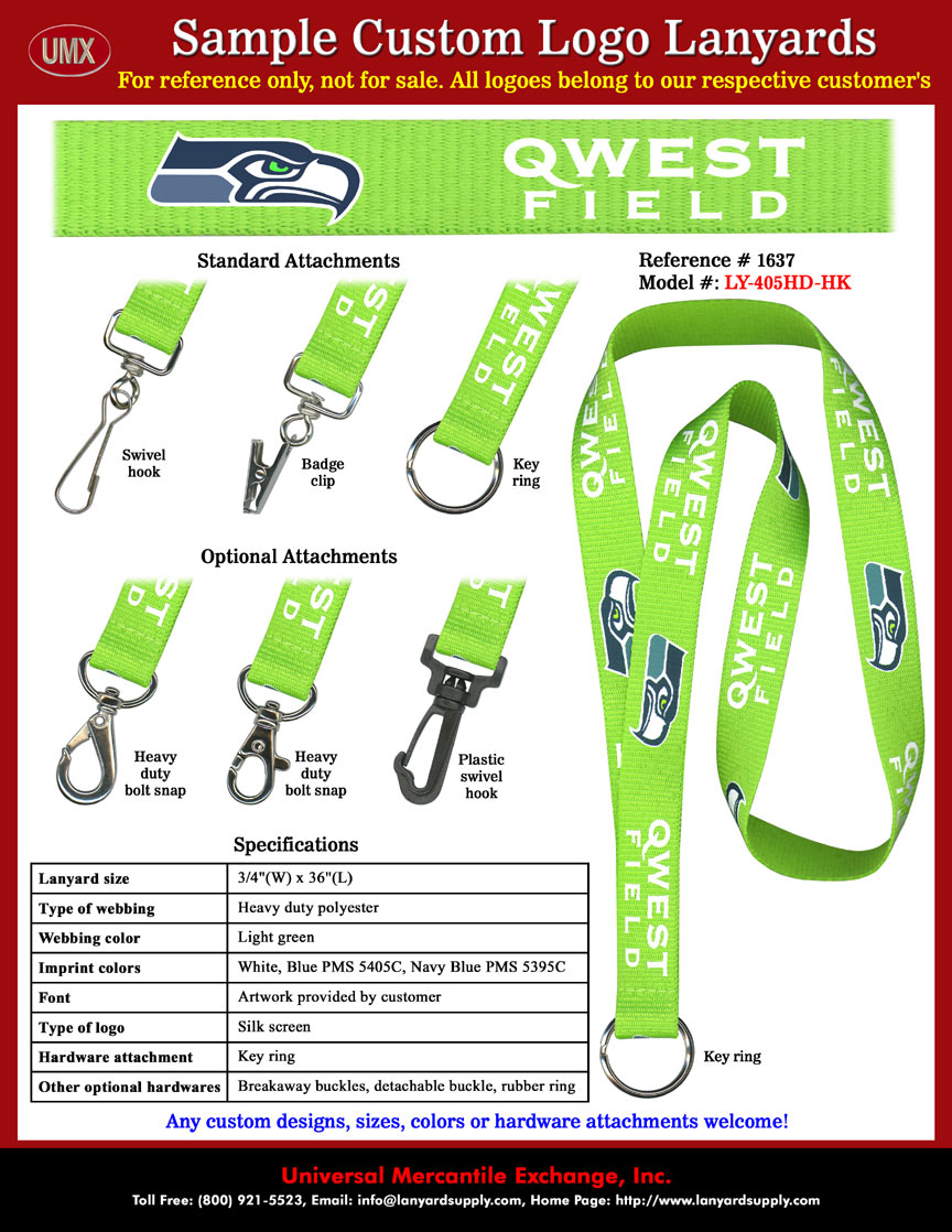 Seahawks Stadium - QWEST FIELD Lanyards with Light Green Color Lanyard  Straps