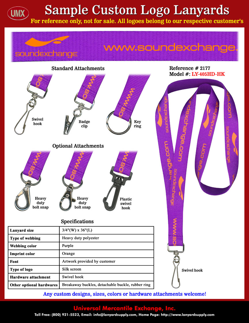 3/4" Custom Printed Lanyards: SOUNDEXCHANGE Lanyards - with Purple Lanyard Straps and Orange Color Logo Imprinted.3/4" Custom Printed Lanyards: SOUNDEXCHANGE Lanyards - with Purple Lanyard Straps and Orange Color Logo Imprinted.