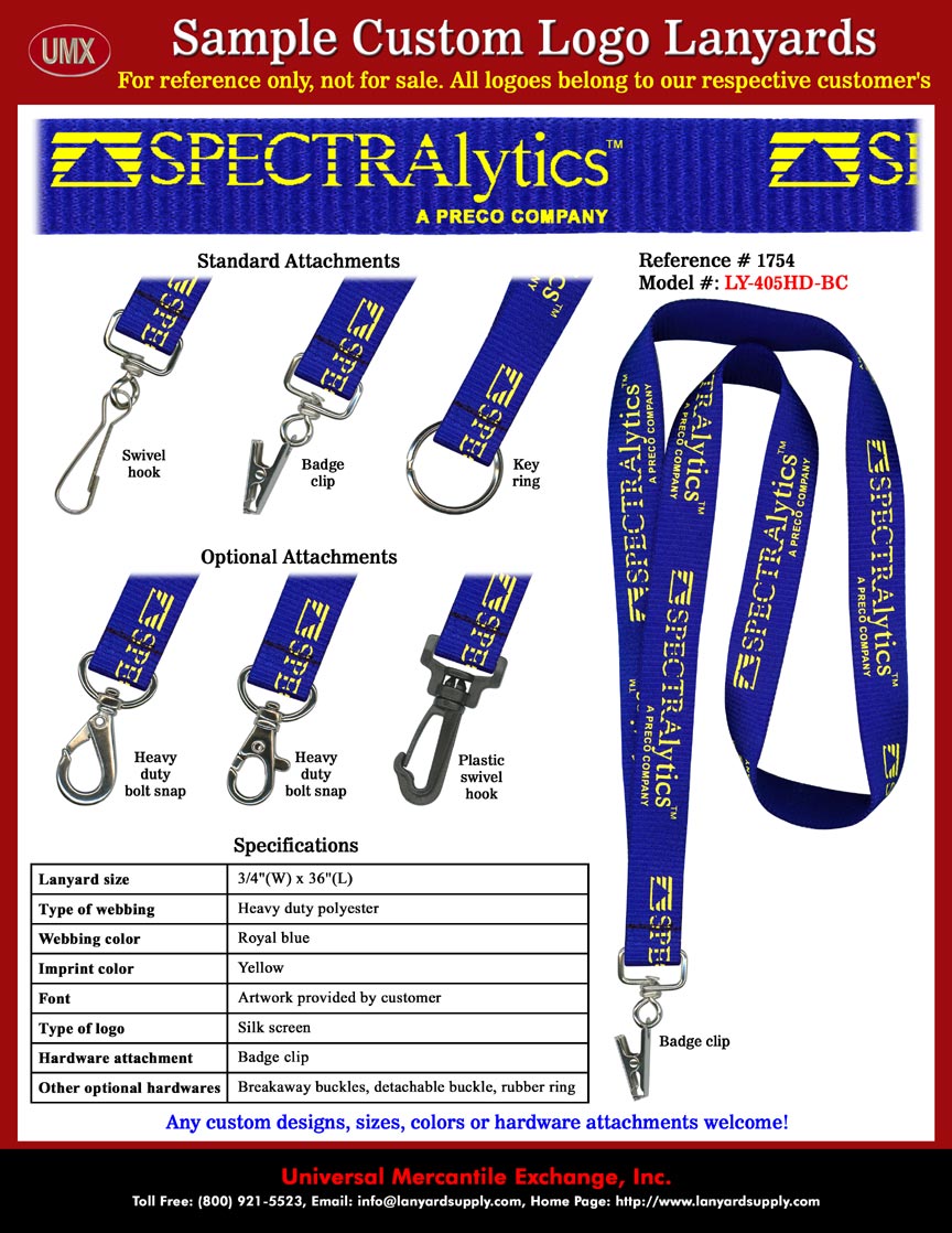 3/4" Custom Printed Lanyards:  SPECTRAlytics - A PRECO COMPANY Lanyards - Laser Cutting, Welding and Drilling Factory: Royal Blue Color Lanyard Straps and Yellow Color Logo Imprinted.