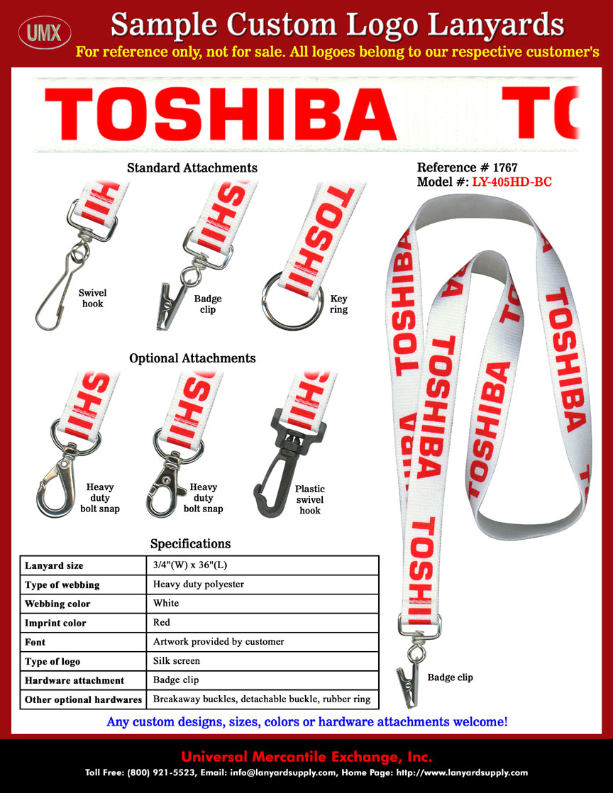 3/4" Custom Printed Lanyards: TOSHIBA Lanyards - with White Color Lanyard Straps and Red Color Logo Imprinted.