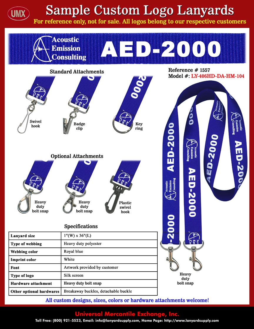 1" Custom Printed Double End Lanyards: Acoustic Emission Consulting - AED-2000 Acoustic Emission (AE) Instrument Lanyards - with Royal Blue Color Lanyard Straps and White Color Logo Imprinted.