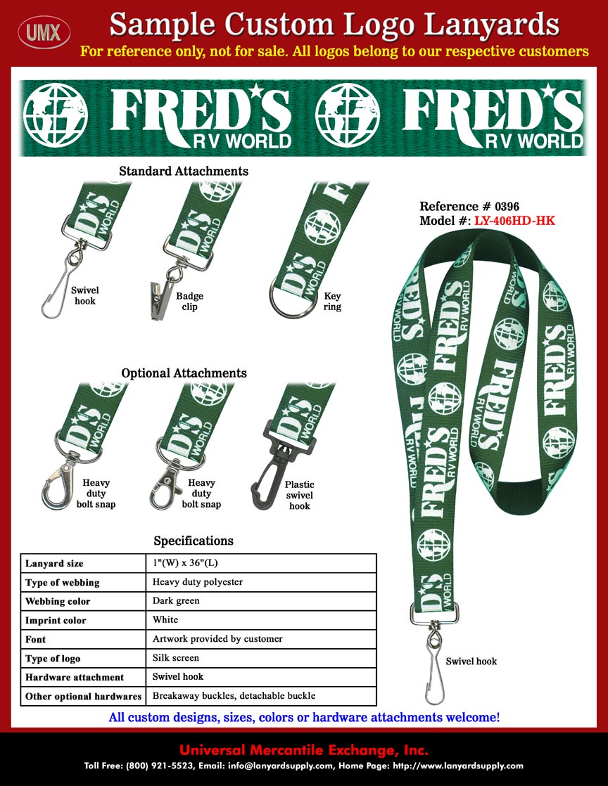 1" Custom Printed Lanyards: FRED'S RV WORLD, RV/Motorhome Dealers and Dealership Lanyards - with Dark Green Color Lanyard Straps and White Color Global Logo Imprinted.