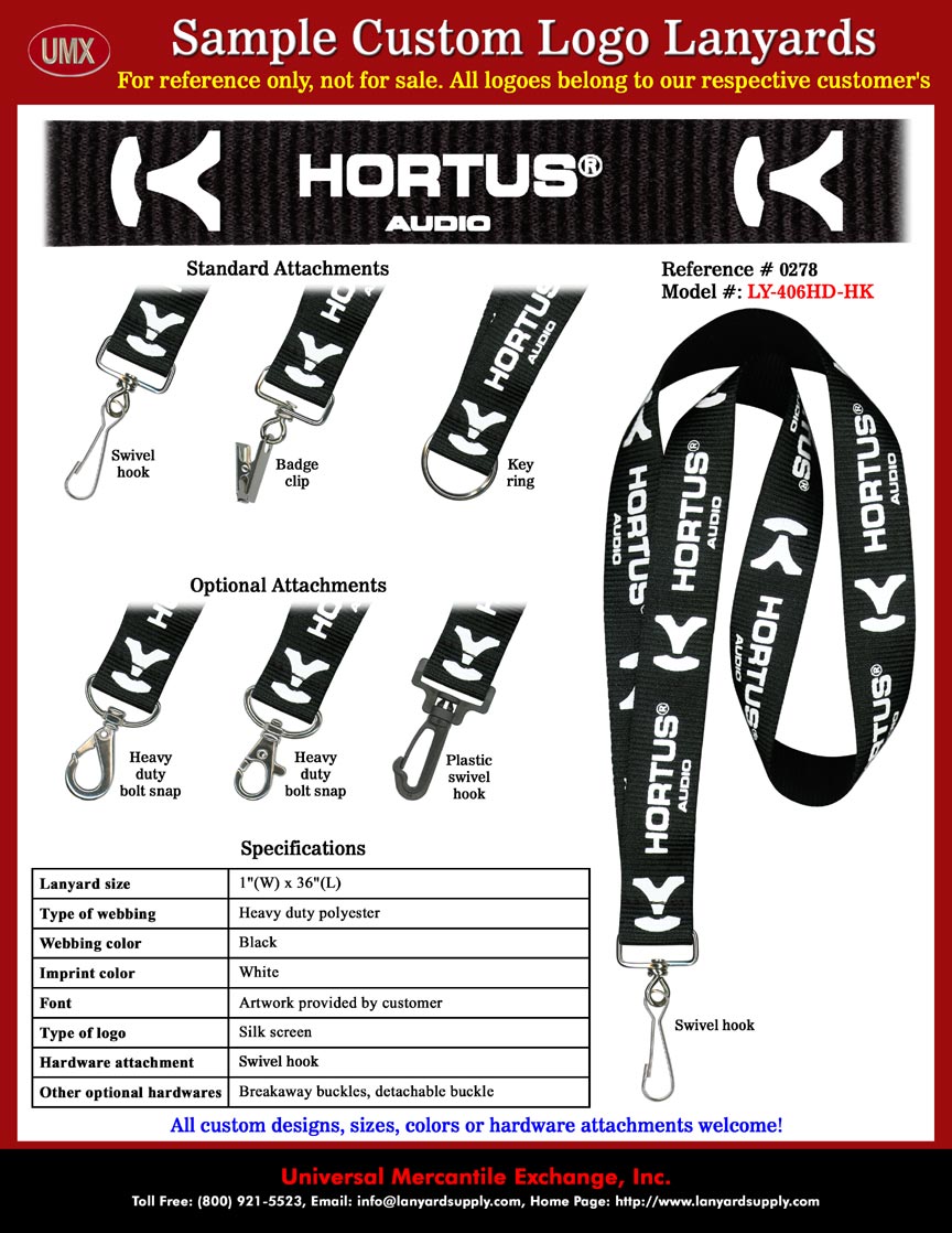 1" Custom Printed Lanyards: HORTUS AUDIO Lanyards -  with Black Color Lanyard Straps and White Color Logo and Speaker Imprinted.