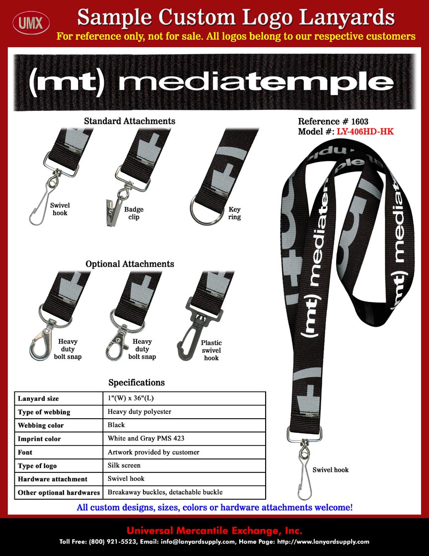 1" Custom Printed: (mt) mediatemple Industry-Leading Web Hosting and Software Application Services Company Badge Holder Lanyards.