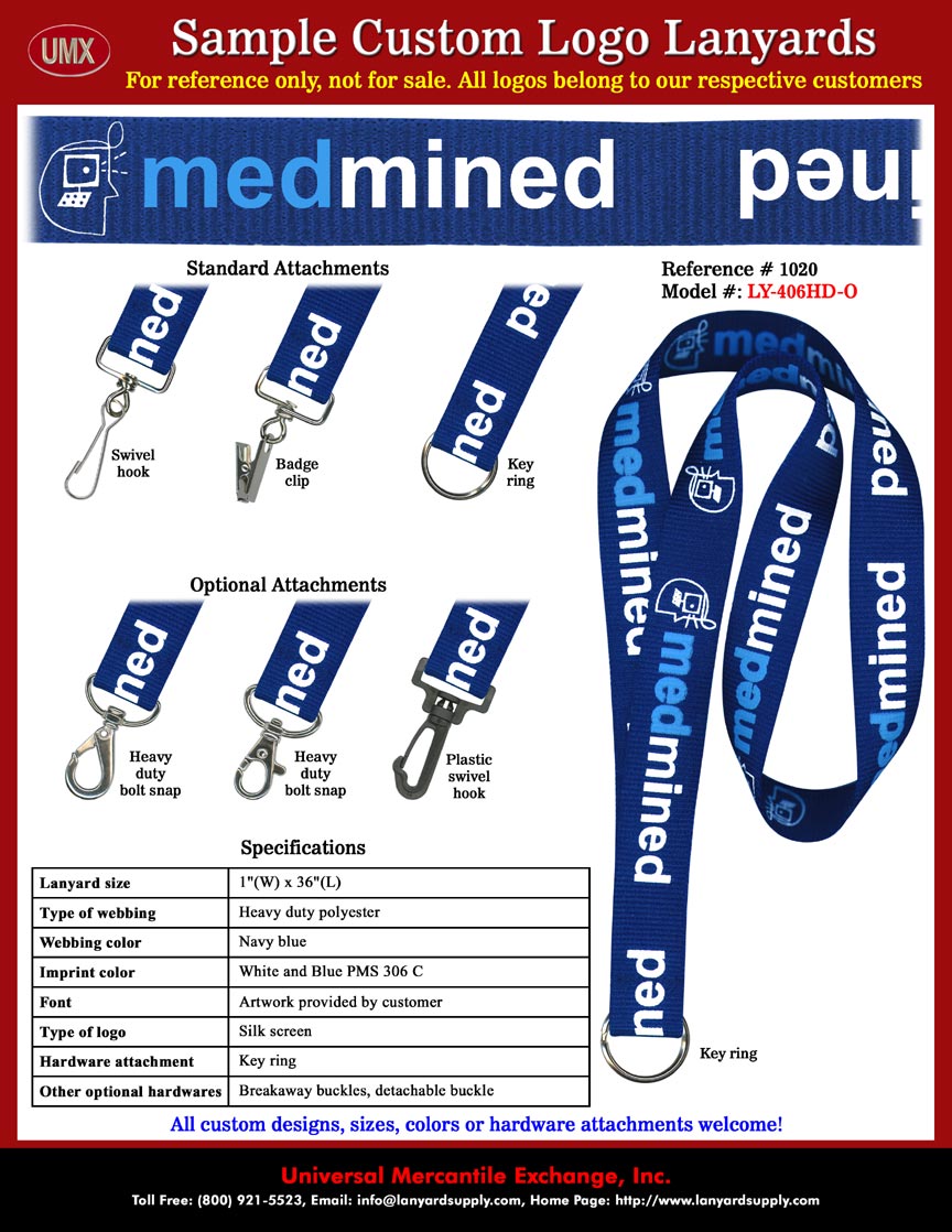 1" Custom Printed: MedMined - Providing Hospitals with Infection Control Surveillance via Data Mining Technology - Company Badge Holder Lanyards.