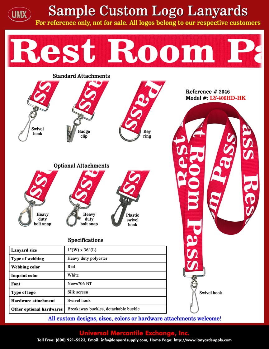 1" Custom Printed: Mission Bay High School Rest Room Pass Holder Lanyards.