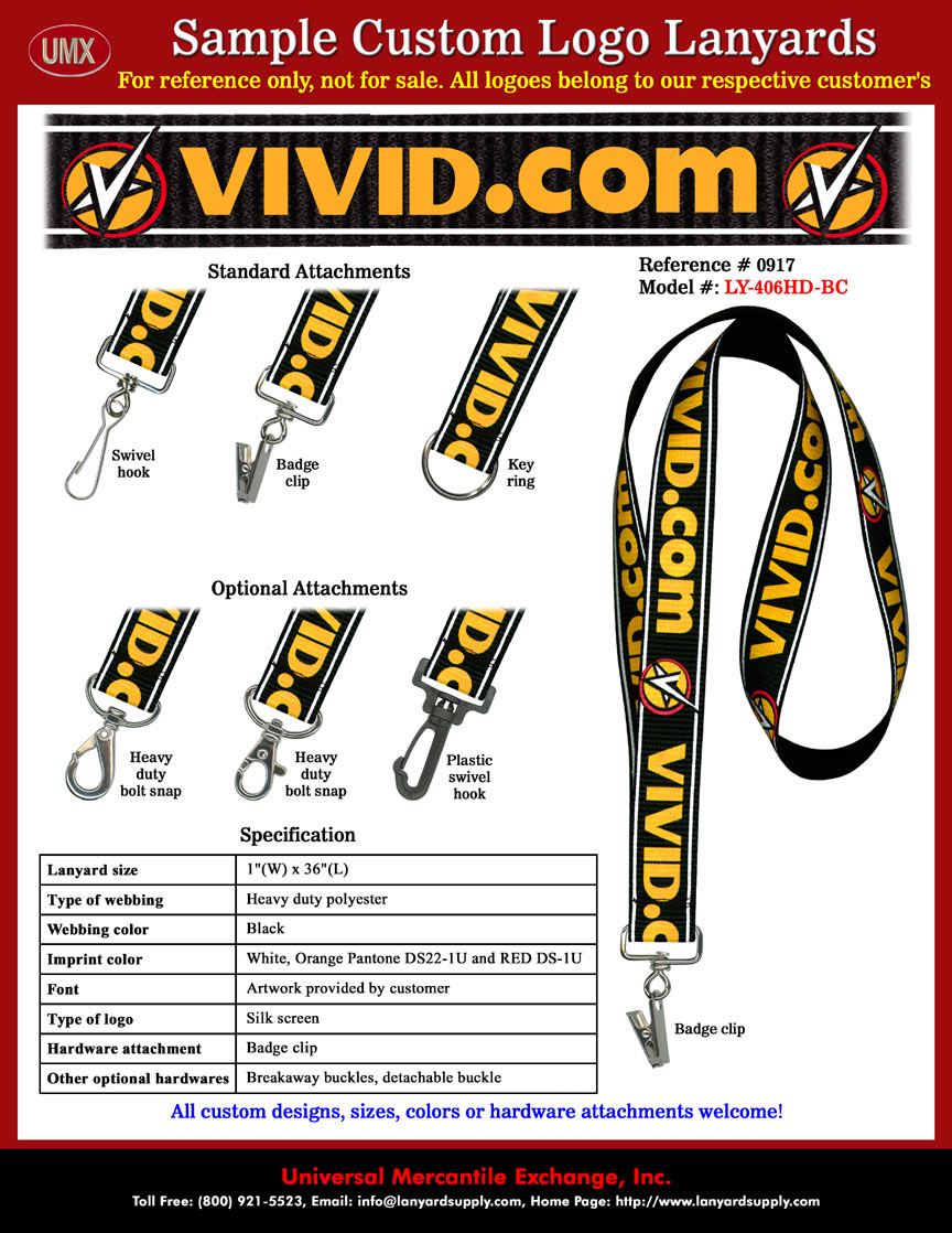 1" Custom Printed Lanyards: VIVID Lanyards - with Black Color Lanyard Straps and White, Pantone DS22-1U and Red DS-1U Color Logo Imprinted.