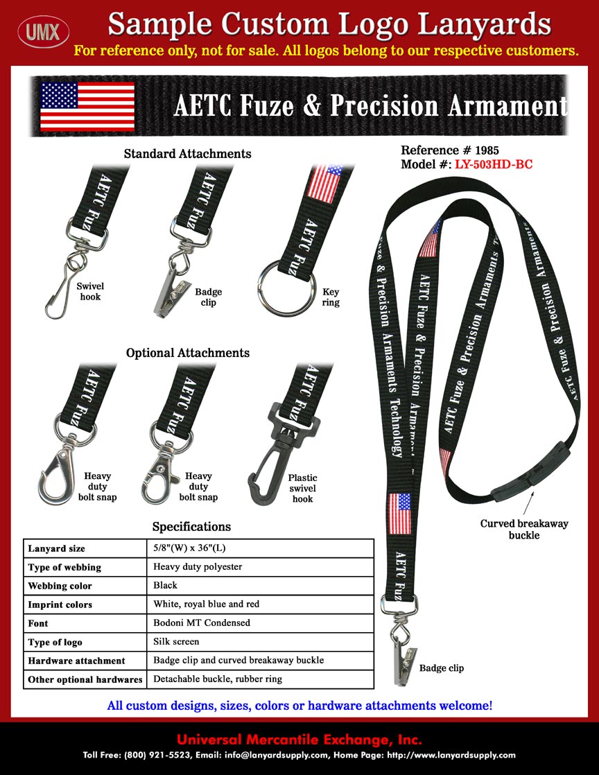 5/8" Custom Printed Safety Lanyards: AETC Fuze & Precision Armament Technology Lanyards - Black Color Lanyard Straps With Red/Blue/White 3 Color American Flag and Logo Printed Safety Lanyards.