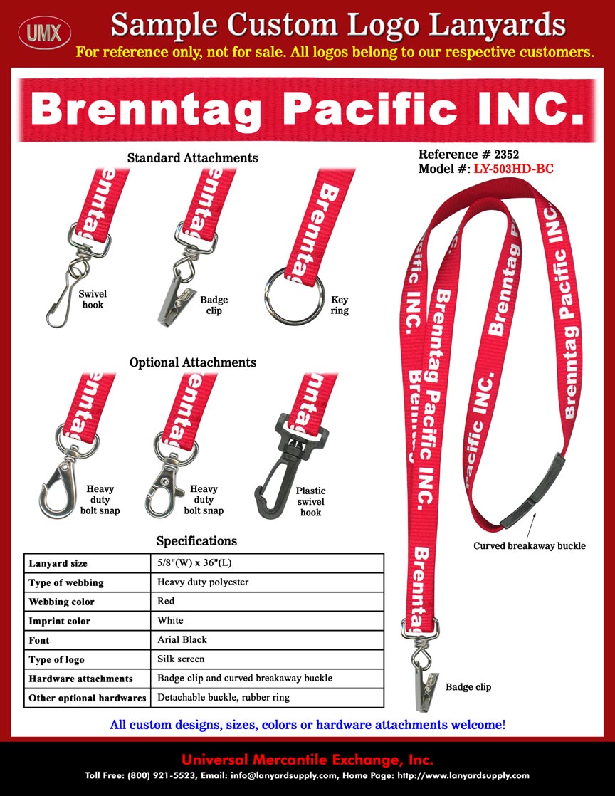 5/8" Custom Printed Brenntag Pacific, Inc. - America's Leading Distributor of Specialty and Industrial Chemicals - Safety Lanyards.