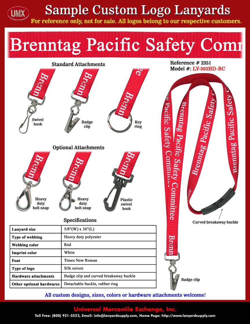 5/8" Custom Printed Brenntag Pacific, Inc. - America's Leading Distributor of Specialty and Industrial Chemicals - Safety Lanyards.