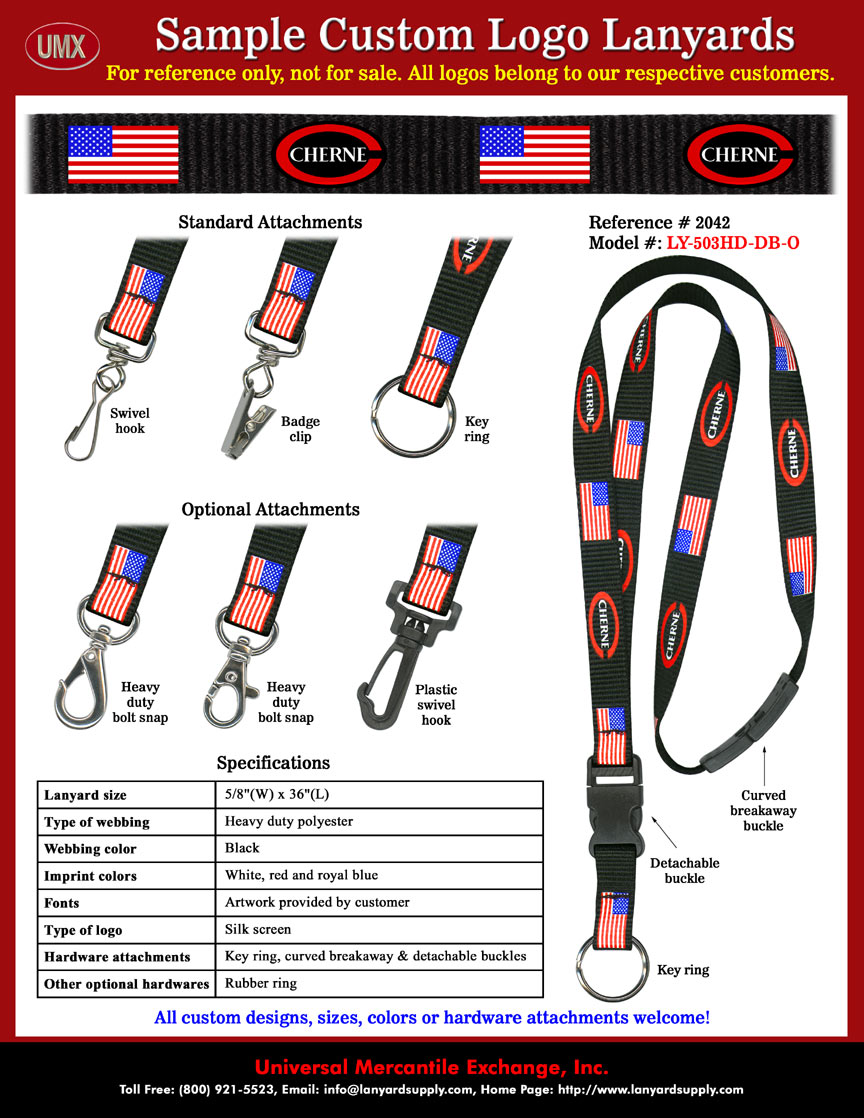 5/8" Custom Printed Cherne Contracting Corporation - A Union Only Heavy Industrial National Contractor - Safety Lanyards with American Flag.