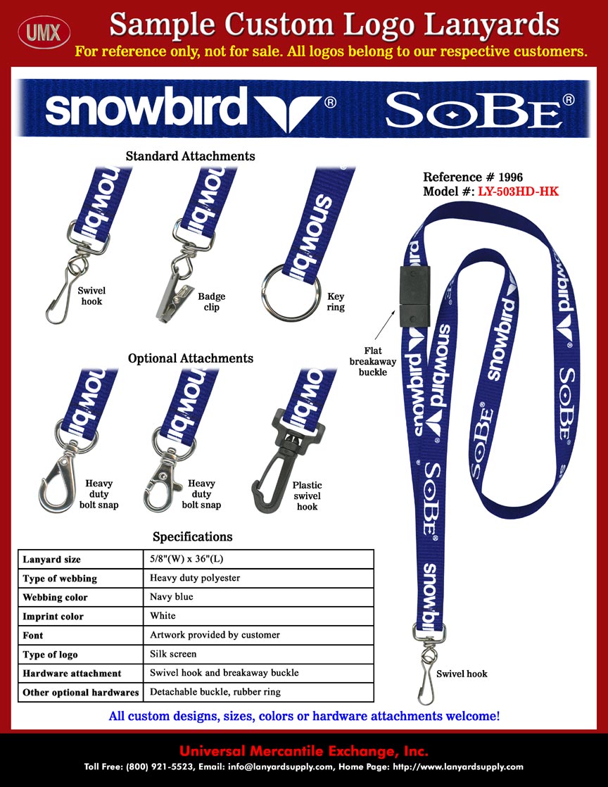 5/8" Snowbird Ski and Summer Resort - Media Center - SoBe - Safety Breakaway Badge Holder Neck Lanyards.