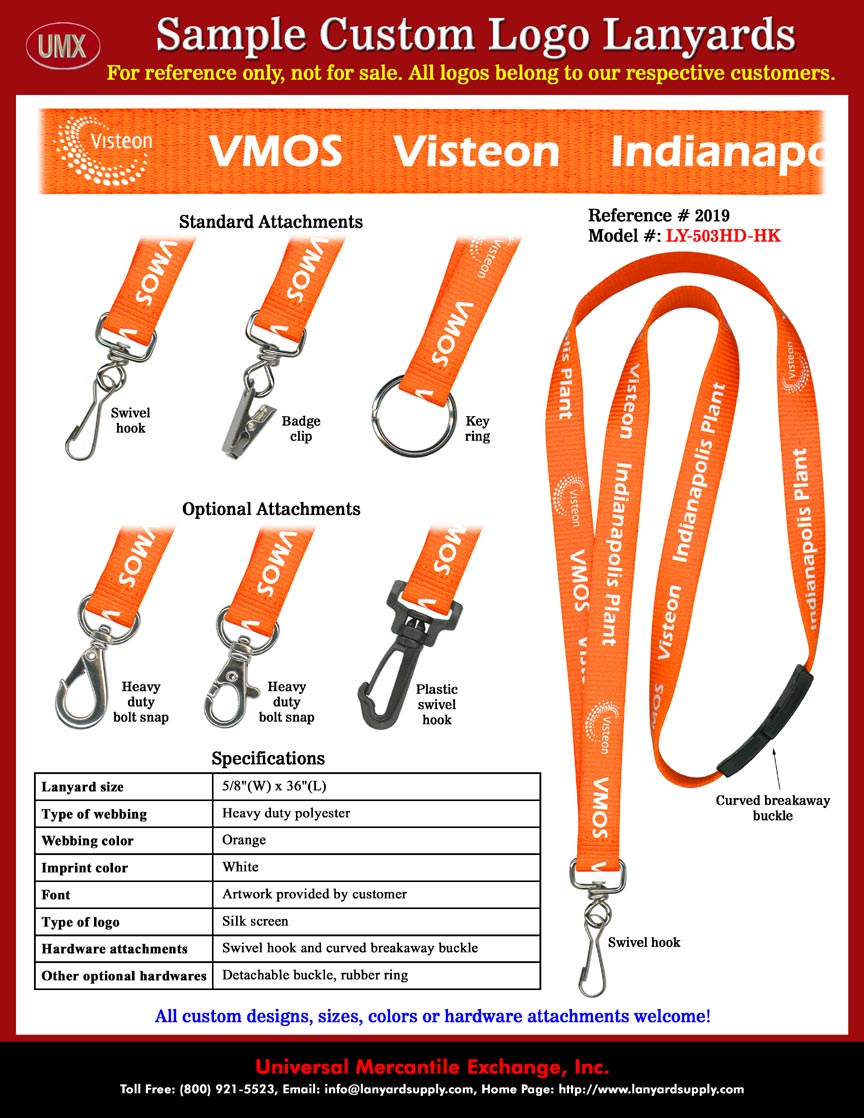 5/8" Custom Printed Safety Lanyards: VMOS Visteon Indianapolis Plant Lanyards - Orange Color Lanyard Straps With White Color Graphic Logo Imprinted Safety Breakaway Lanyards.