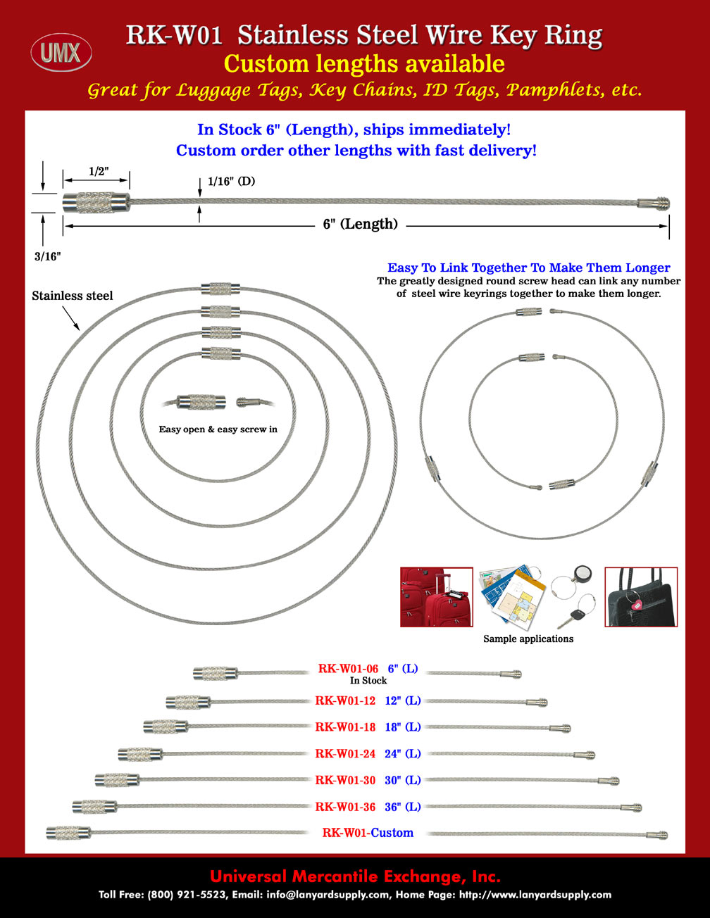 6 Cable Key Rings: Stainless Steel Wire Keyrings, Metal Ring