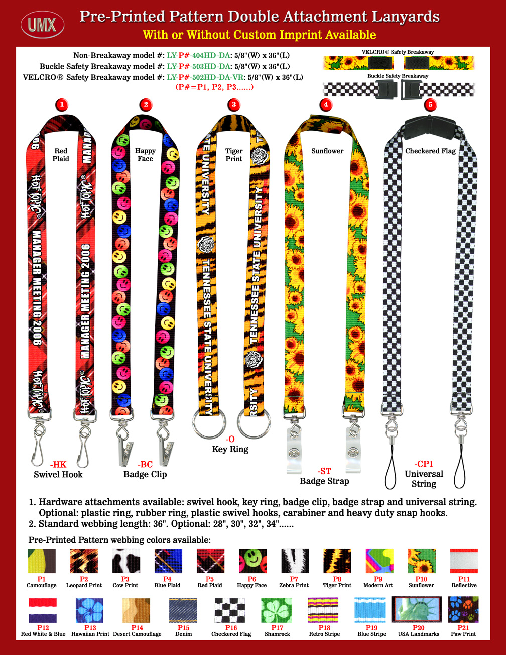 5/8" Pre-Printed Pattern Double-End Neck Lanyards.