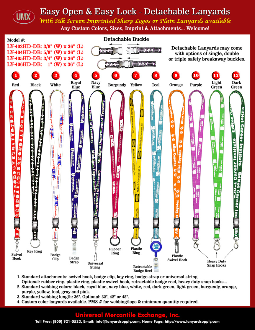 3/8", 5/8", 3/4" & 1"  Heavy Duty Detachable Custom Neck Lanyards with Option of Safety Breakaway Buckles