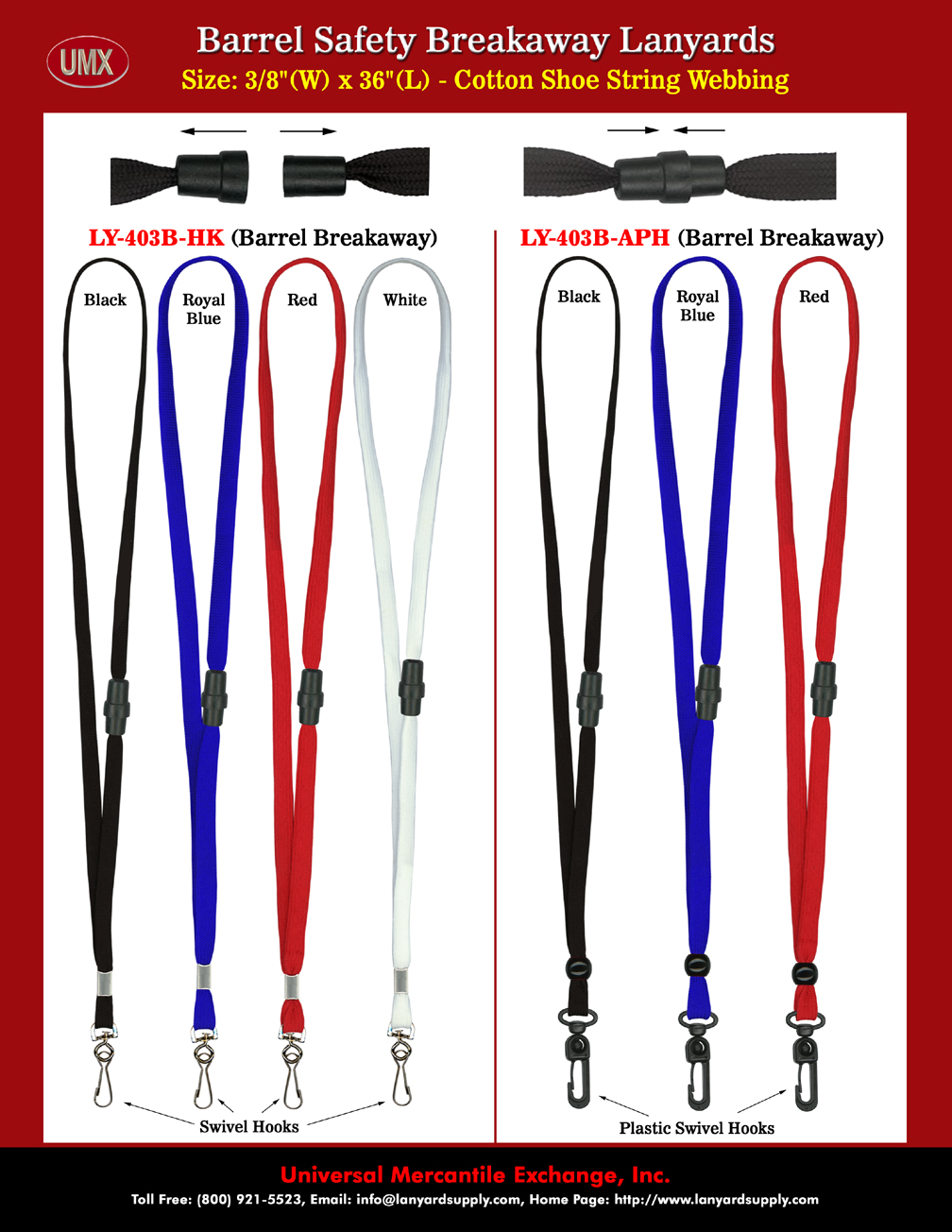 Barrel Safety Breakaway Plain Lanyards with Plastic Swivel Hooks and Adjustable Beads