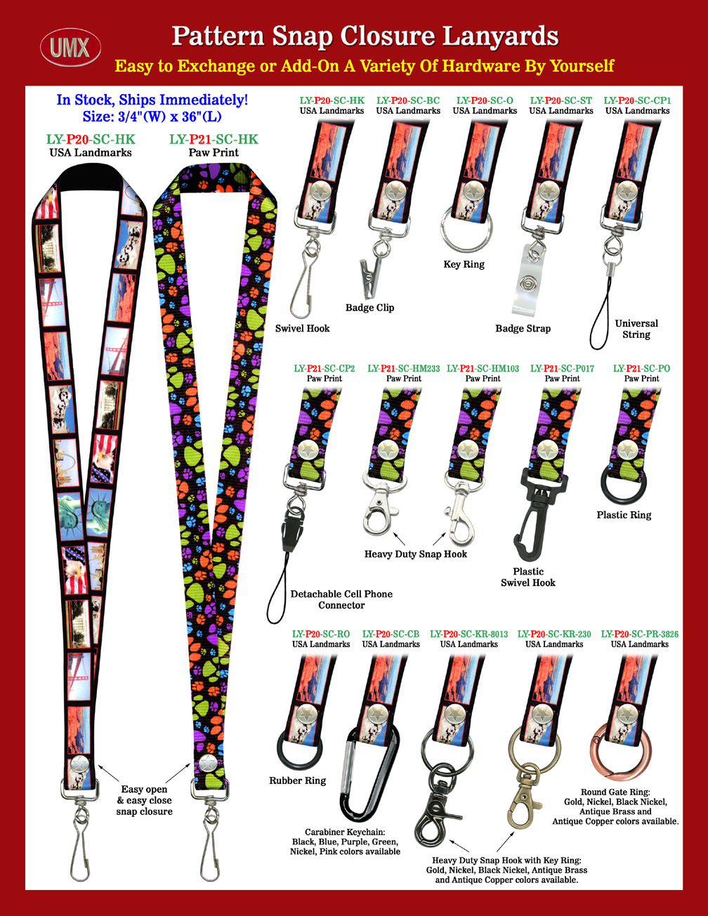 UMX USA Landmark and Paw Printed Snap Closure Lanyards