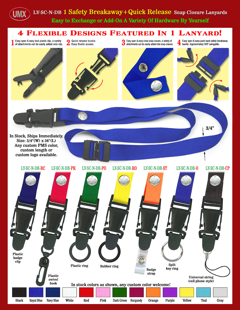 Quick Release Snap Closure Safety Lanyards, there are 4-locations can be easily released and closed for exchanging or add-on different hardware.