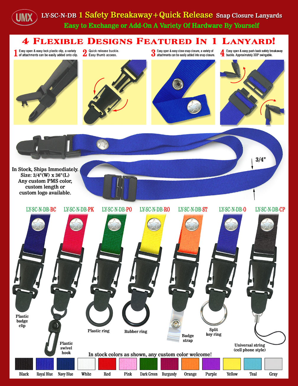 Quick Release Snap Closure Safety Lanyards, there are 4-locations can be easily released and closed for exchanging or add-on different hardware.