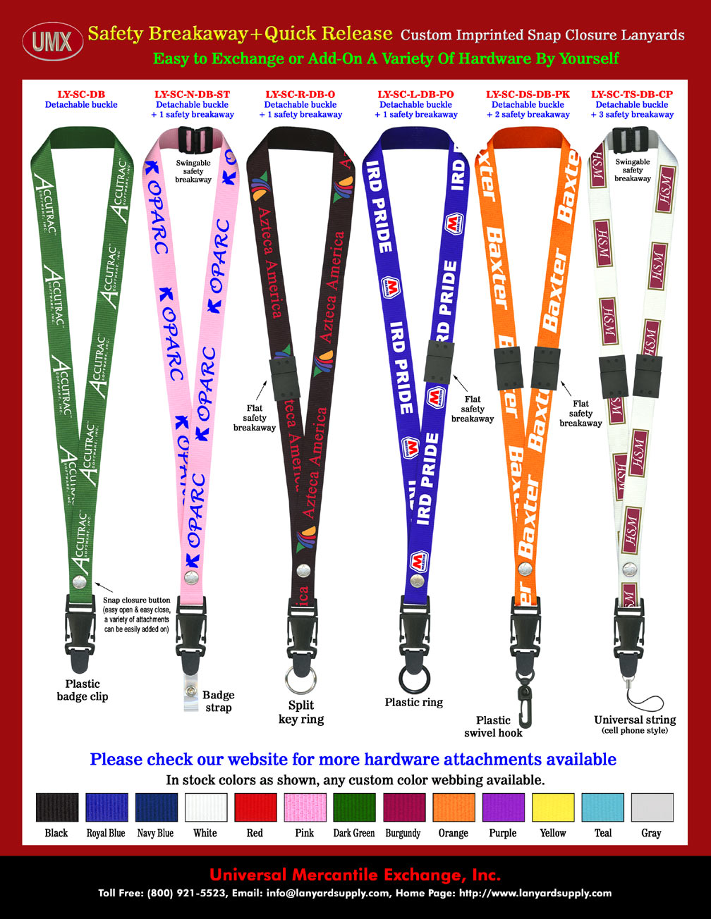 The 3/4" wide by 36" long custom printed safety breakaway ID lanyards with detachable buckles.
