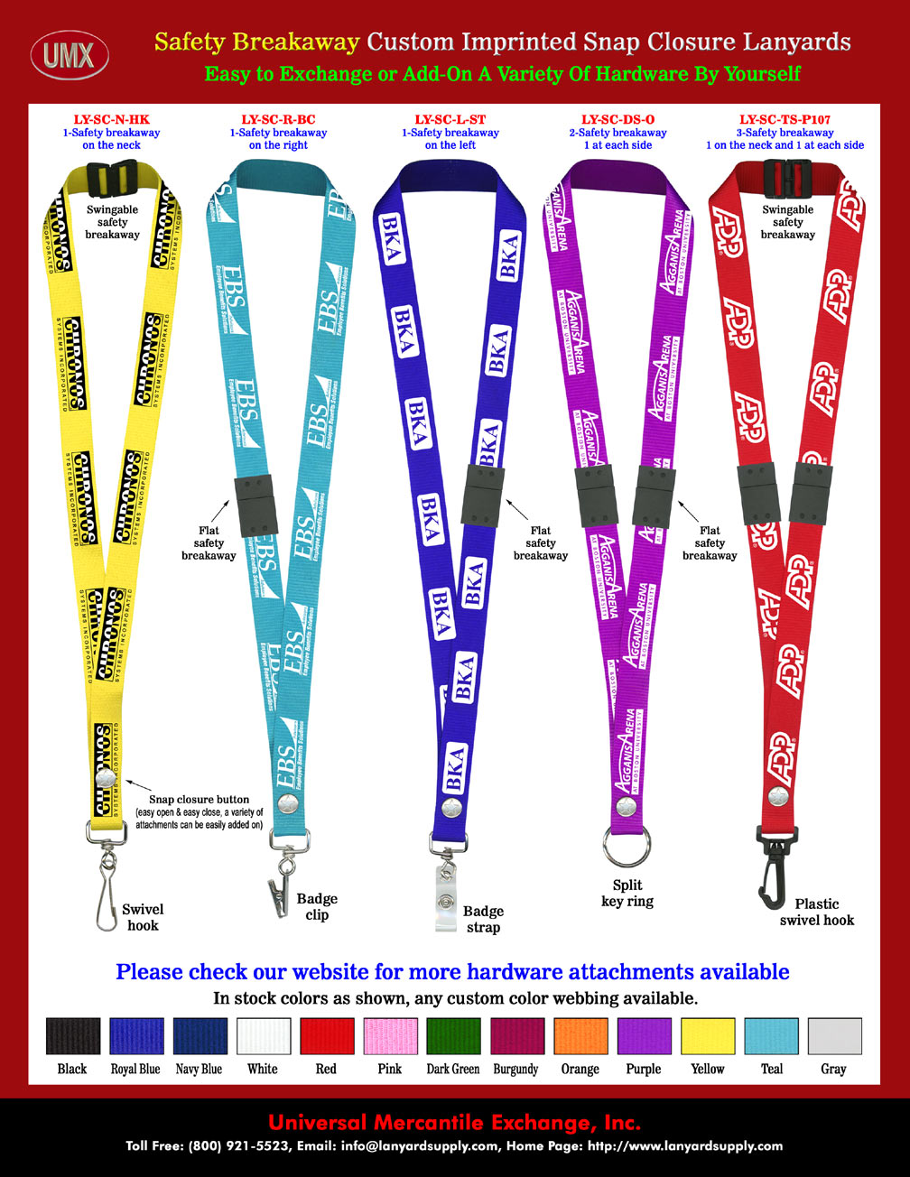 The 3/4" wide by 36" long custom printed safety breakaway neck lanyards with your choice of multipple protection.