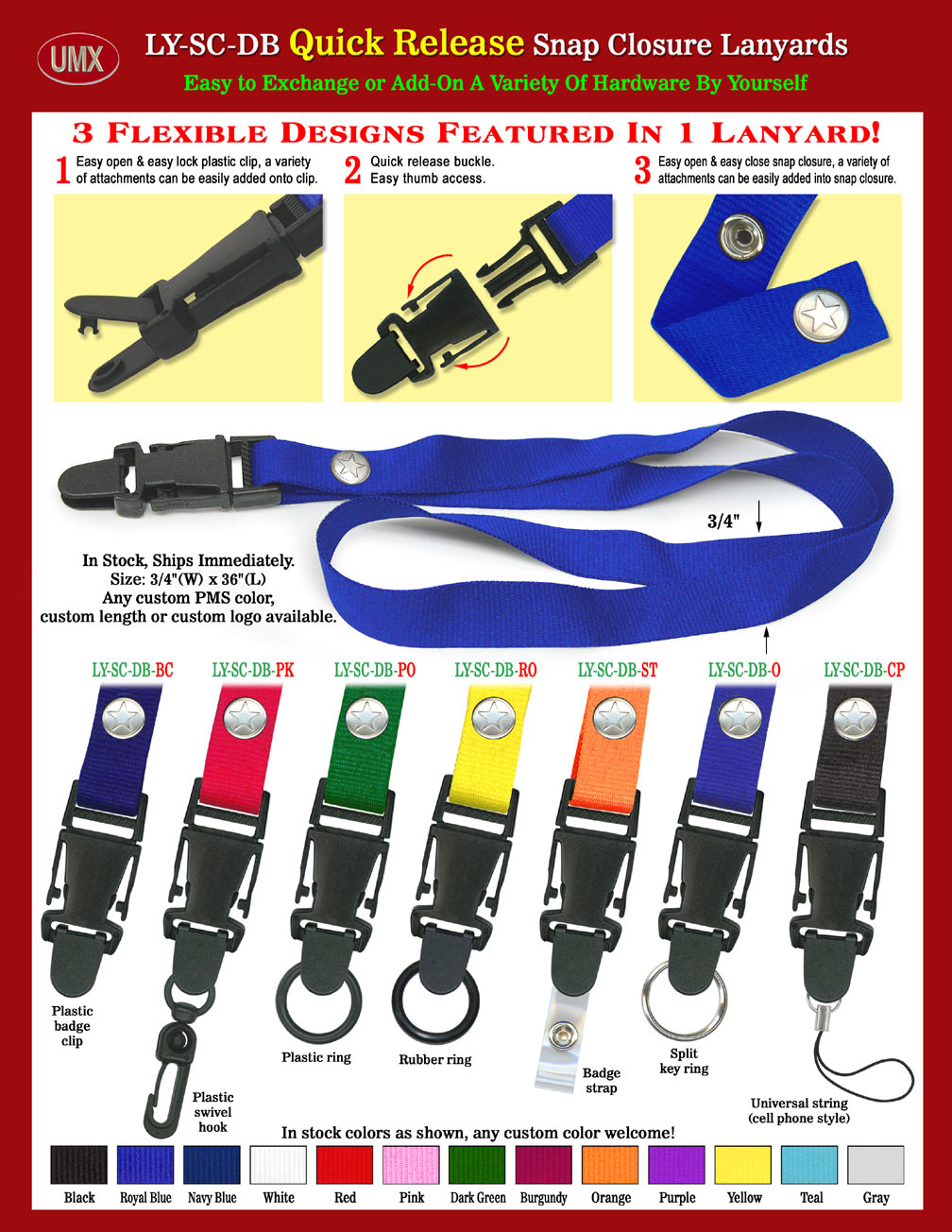 Quick Release Snap Closure Lanyards, there are 3-locations can be easily released and closed for exchanging or add-on different hardware.