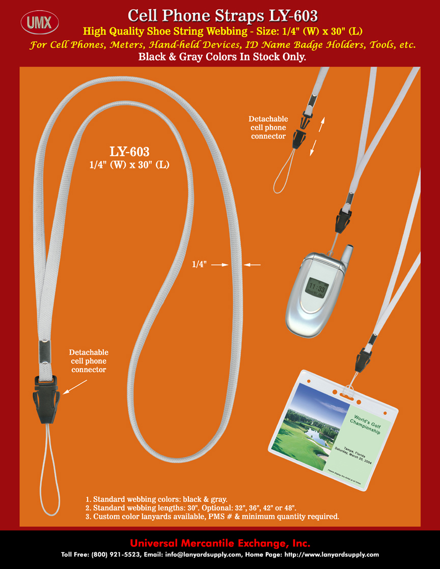 UMX Cell Phone Strap Supplies: Plain Cell Phone Neck Straps with Detachable Connectors.