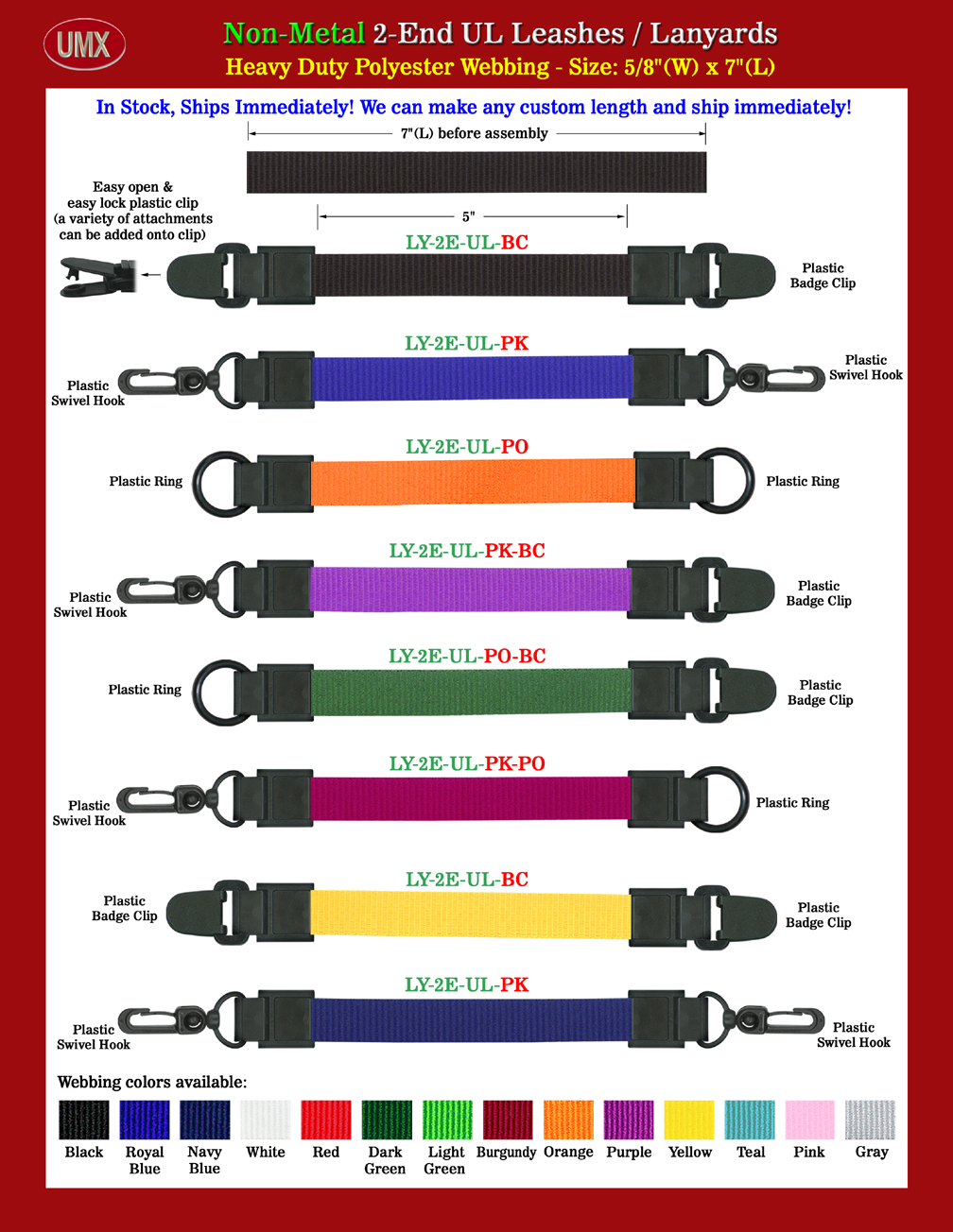5/8" Plain Color Universal Link All Plastic 2-End Lanyards - Scan-Safe Leashes With 13-Colors In Stock.