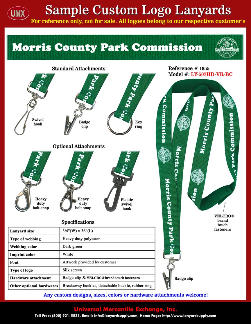 3/4" Custom Printed Morris County Park Commission Velcro Brand Touch Fastener Breakaway Safety Lanyards.