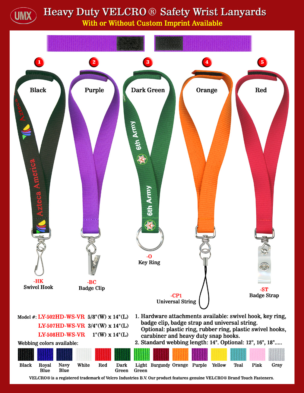 Custom Order or Custom Safety Breakaway Velcro Heavy Duty Wrist Lanyards With Sewn-On Hardware.