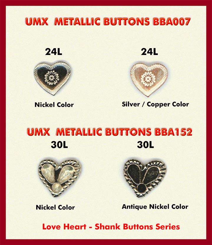 metallic buttons, shank buttons, love heart buttons bba007