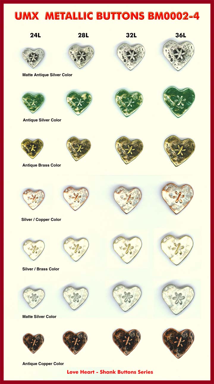 metallic shank buttons, love heart buttons bm0002-4